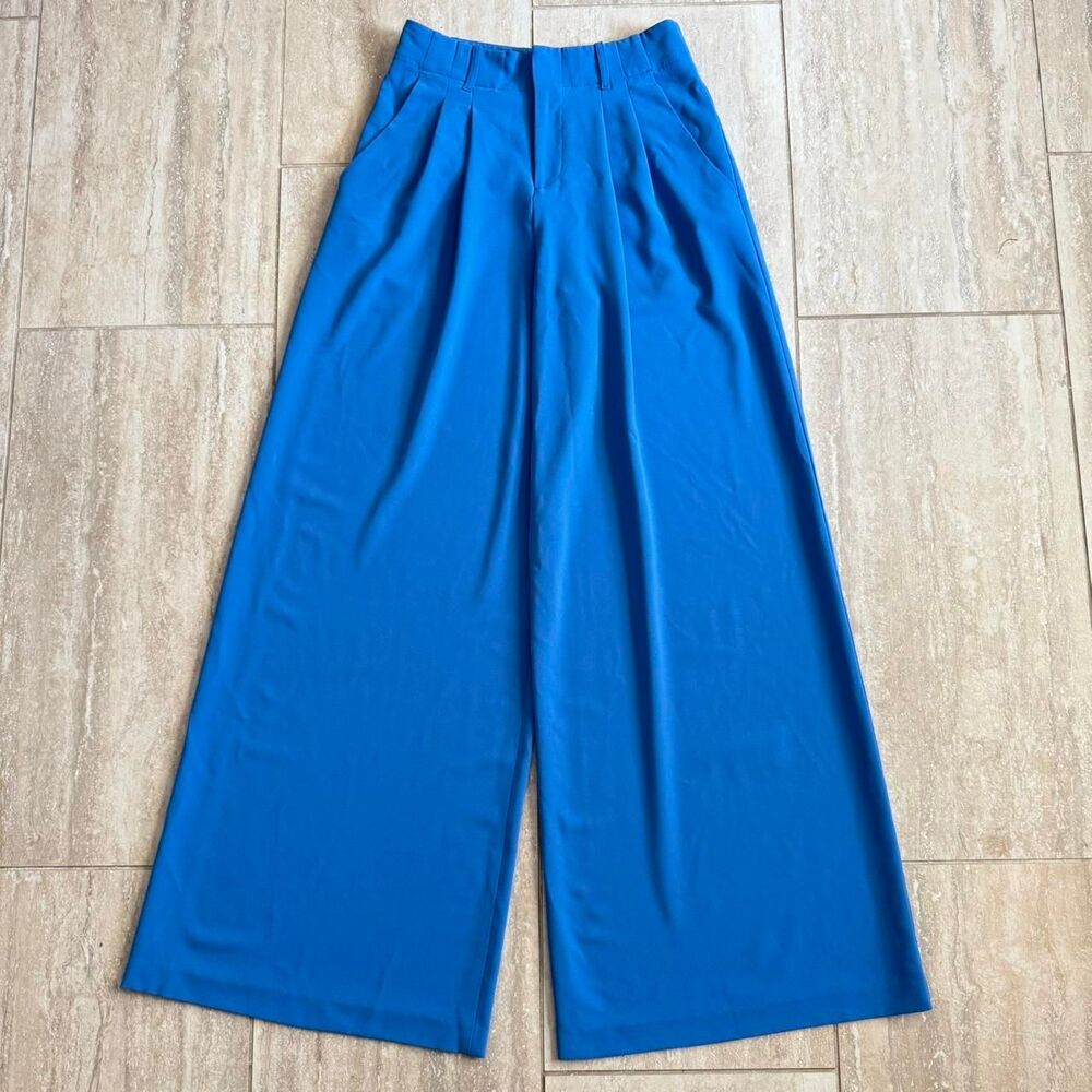 Alice Olivia Eloise Wide Leg Pants Cobalt Blue Pleated Palazzo Trouser Designer